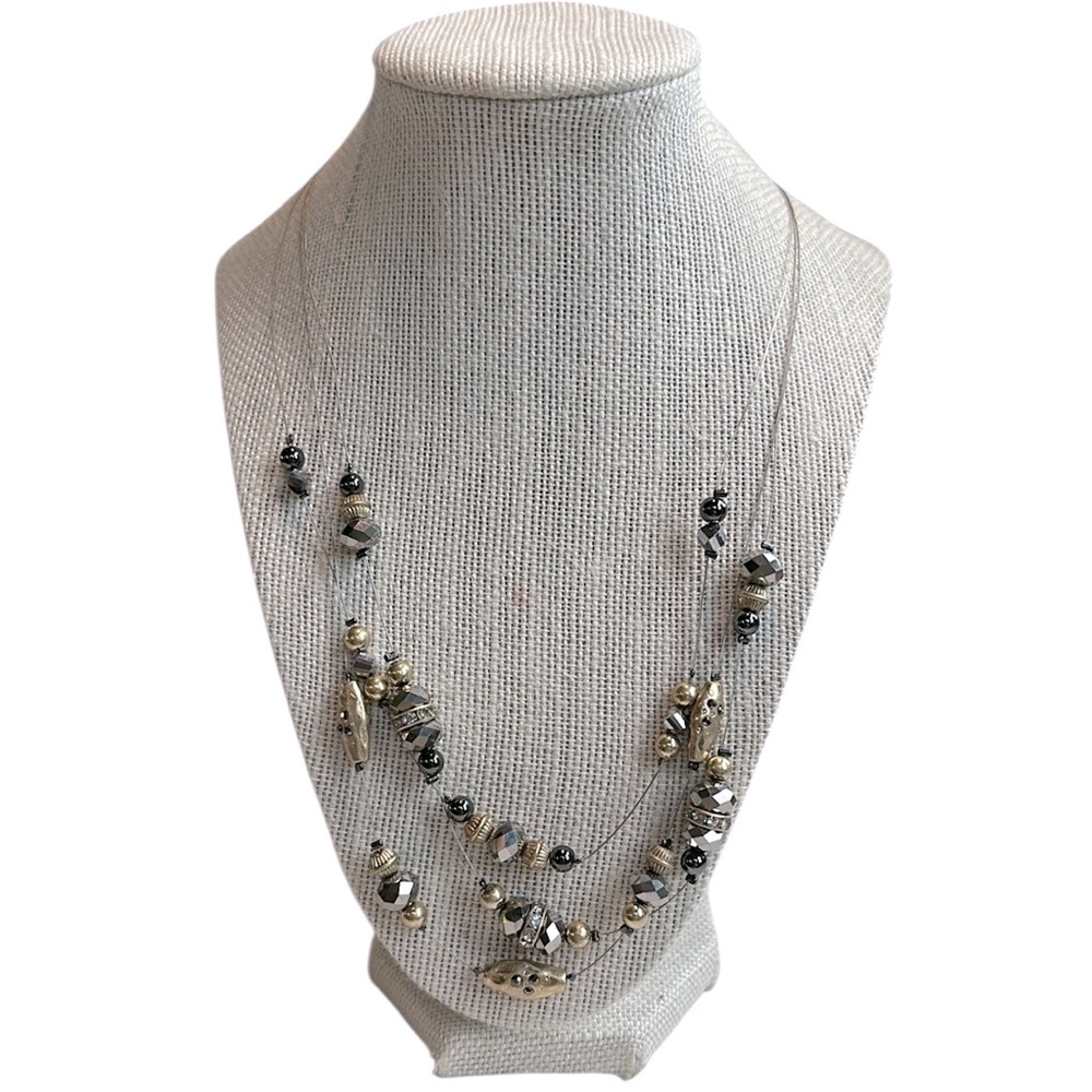 Chico’s Multi Strand Gold & Hematite Beaded Necklace Lobster Claw Closure